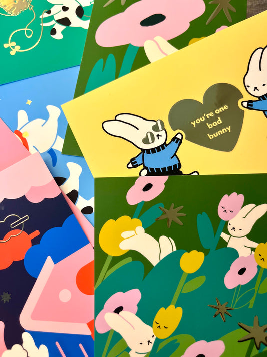 green kite cat-dog foil postcard