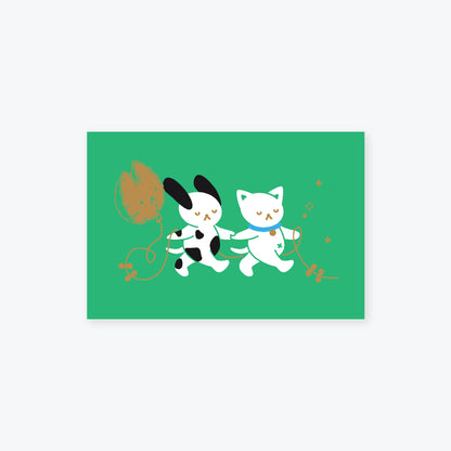 green kite cat-dog foil postcard