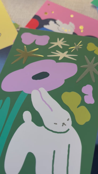 abstract bunny gold foil postcard